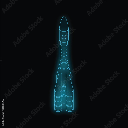 Neon rocket ship launching into space, representing space exploration and innovation