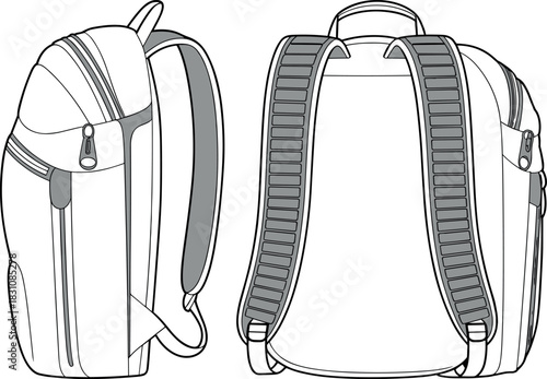 Backpack, vector, illustration, sketch, outline, fashion, gear, durable, ergonomic, structured, silhouette, layout, equipment, design, zipper, protection, accessory, padded, travel