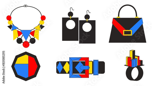 Elegant fashion accessories set for modern style statement, featuring necklace, earrings, handbag, brooch, belt and ring in bold colors, a vector inspired design