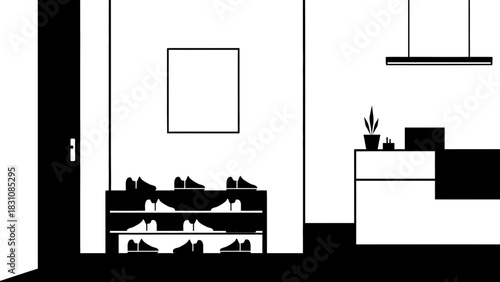 Sleek minimalist entryway with shoe rack and stylish console, perfect for modern home decor and interior design inspiration, originally created as a scalable graphic