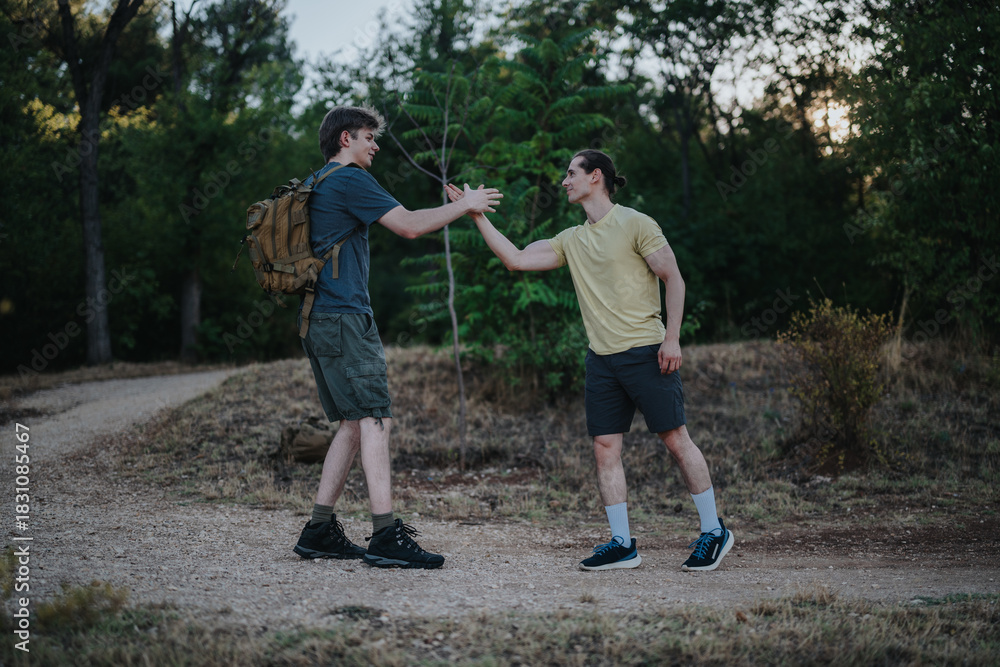 Obraz premium Two men on a forest hike share a friendly high-five, signaling camaraderie and motivation. One carries a backpack while they greet each other on a dirt trail.