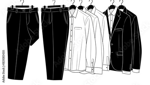 Elegant menswear collection featuring suits, shirts, and pants hanging together, perfect for business professionals, fashion designers, and style guides