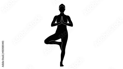 Meditative yoga silhouette practicing tree pose for inner peace and fitness, a modern design element perfect for wellness brands and health promotions