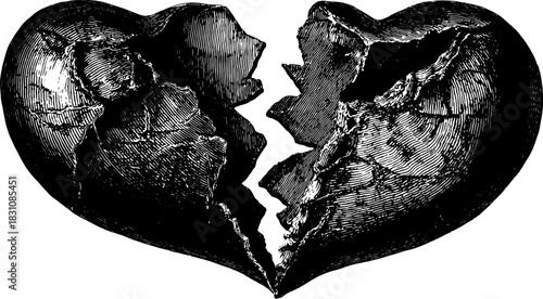 Broken heart illustration in vintage engraving style. Detailed line drawing featuring a cracked heart shape, ideal for graphic design. Vector artwork.