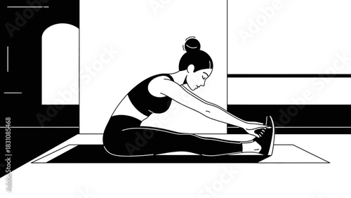 Serene woman practices mindful stretching in a modern studio, enhancing flexibility and promoting wellness in a minimalist, aesthetically pleasing design