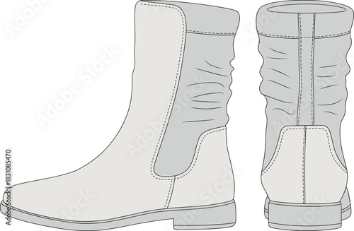 Boot, vector, illustration, sketch, outline, fashion, gear, durable, ergonomic, structured, silhouette, layout, equipment, design, protection, accessory, mid-calf, ruched, sole, seam, footwear