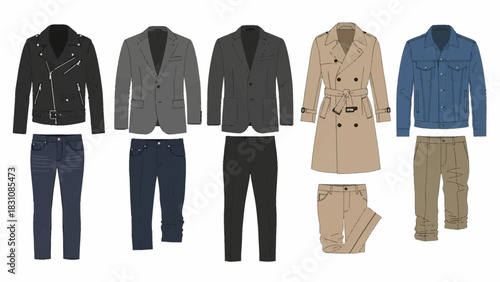 Stylish men's fashion collection featuring leather jacket, blazers, trench coat, and denim jacket paired with versatile jeans and pants for a modern wardrobe update