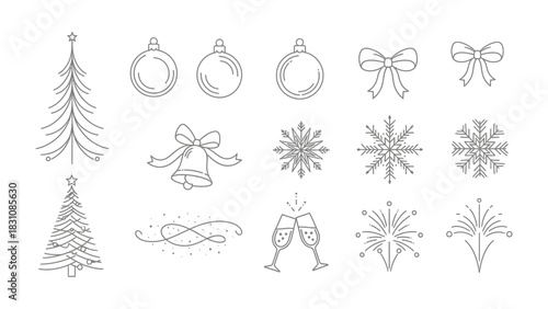 Holiday Decorations: A collection of festive line art featuring a decorated Christmas tree, ornaments, bows, bells, snowflakes and a celebratory toast, embodying the spirit of the holiday season.
