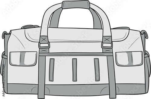 Duffel, bag, vector, illustration, sketch, outline, fashion, gear, durable, ergonomic, structured, silhouette, layout, equipment, design, zipper, protection, accessory, travel, handle, pocket