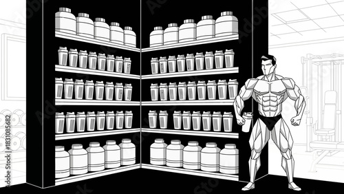 Powerful bodybuilder in gym stands proudly near shelves stocked with protein supplements, showcasing strength and dedication to fitness goals and healthy lifestyle