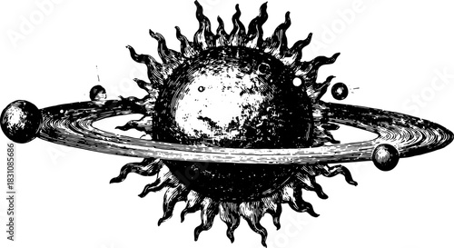 Sun and planets in a vintage engraving style. Detailed line drawing of celestial bodies and rings in black and white vector illustration.