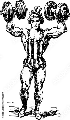 Vintage illustration of a muscular bodybuilder lifting a dumbbell. Classic vector artwork showcasing strength in an ornate style.