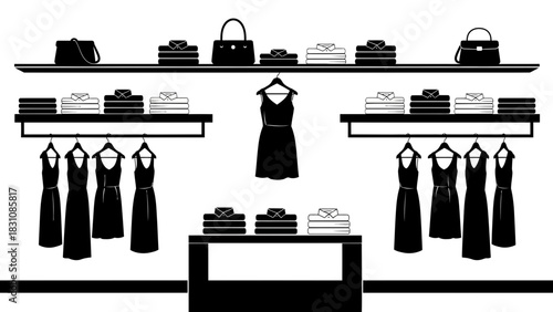 Stylish dresses and handbags on display at an elegant boutique, perfect for fashion blogs, retail promotions, or clothing store designs, originally a vector art