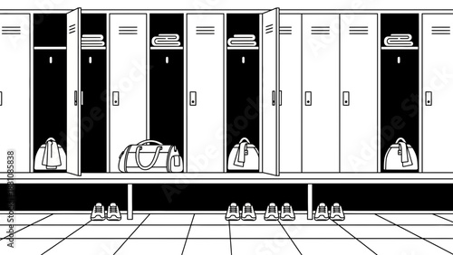 Contemporary locker room scene featuring athletic bags and towels, perfect for fitness, health, or school themed projects, original vector graphics design