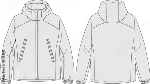 Jacket, vector, illustration, sketch, outline, fashion, gear, durable, ergonomic, structured, silhouette, layout, equipment, design, protection, accessory, hooded, zipper, elastic, seam, pocket