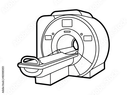 A black and white line drawing of an mri machine with a patient bed