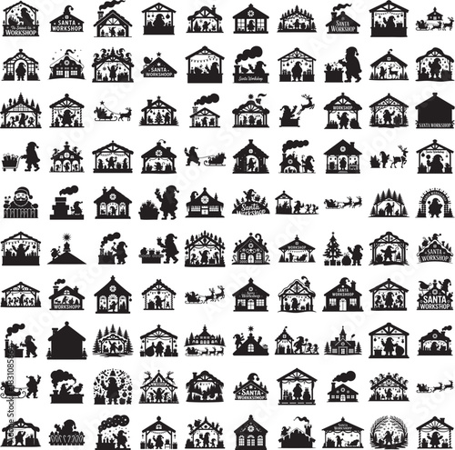 Santa workshop silhouette set isolated on white background