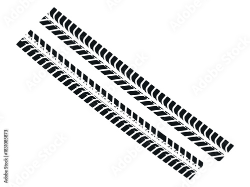 Two diagonal black tire tracks on a plain white background surface