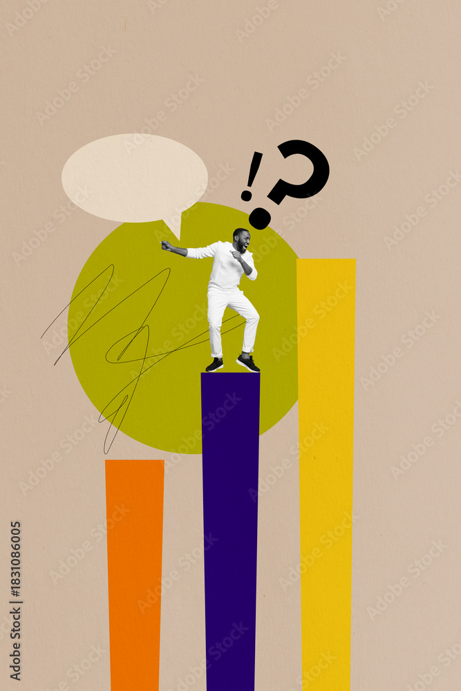 Naklejka premium Sketch image artwork composite 3D photo collage of young man talk speech cloud question charts graphics trader success goal business