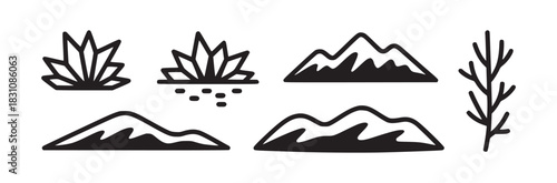Black and white line art illustration of mountains plants and water in a simple graphic design style