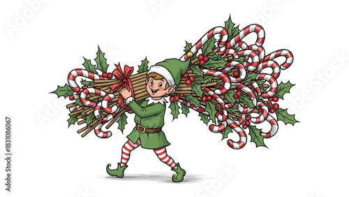 Elf carrying Christmas decoration: An elf, donned in festive attire, diligently carries a bundle of festive holiday decorations, embodying the spirit of Christmas.