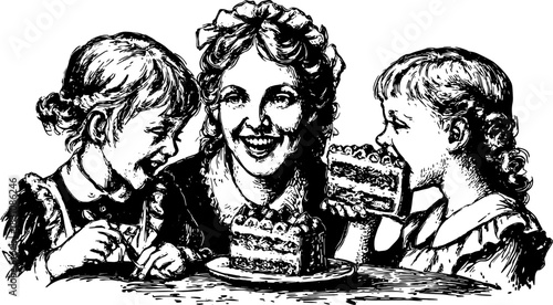 Vintage engraving of a mother and children enjoying cake. A nostalgic vector illustration depicting family joy around a table with treats.