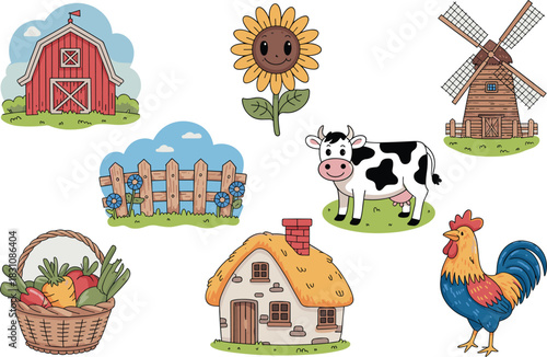 Detailed agricultural vector collection: cute cartoon farm icons set showcasing a traditional red barn, classic windmill, happy dairy cow, colorful rooster, bright sunflower, and fresh vegetable harve