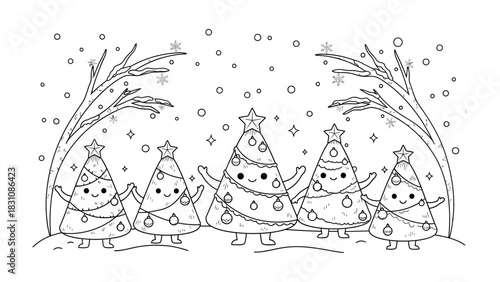 Whimsical Winter Wonderland: A festive illustration of animated Christmas trees, each with a unique personality and charming details, dancing merrily under a gentle snowfall.