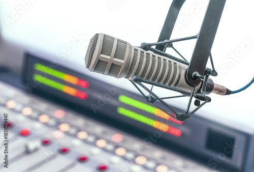 Professional microphone and sound mixer in radio studio