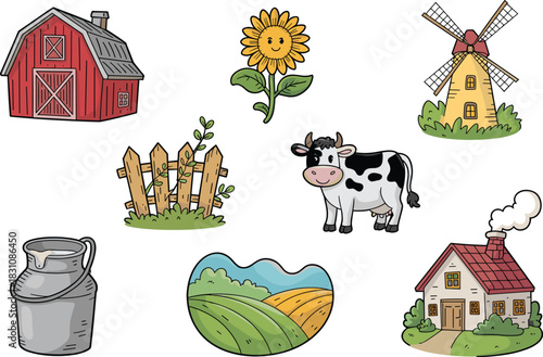 A vibrant collection of traditional countryside farming elements featuring a red barn, windmill, cheerful sunflower, dairy cow, wooden fence, milk can, and quaint farm house; perfect hand-drawn vector