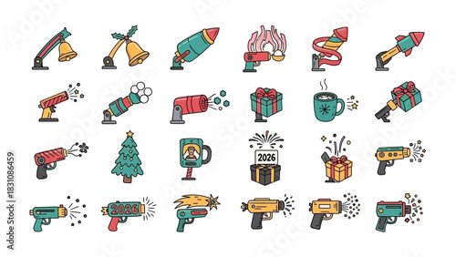 Festive Icon Collection: A vibrant assortment of icons capturing the spirit of celebration, from cheerful decorations to exciting fireworks, perfect for conveying festive cheer and joy.