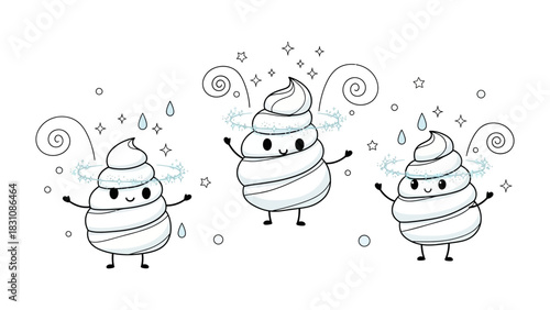 Whimsical Dessert Delight: Three animated treats dance joyfully, radiating pure sweetness and charm, decorated with delicate spirals and playful expressions.