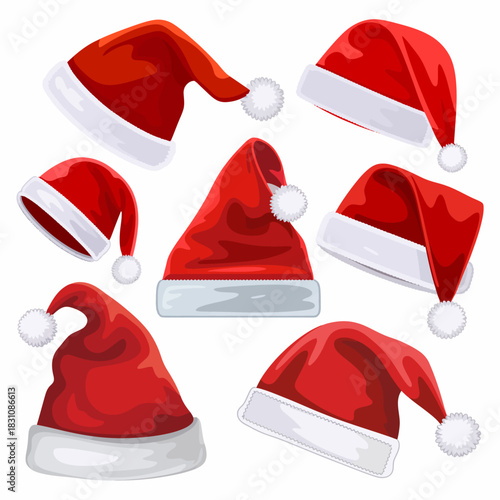 Red Santa Hat Vector with Fluffy White Trim