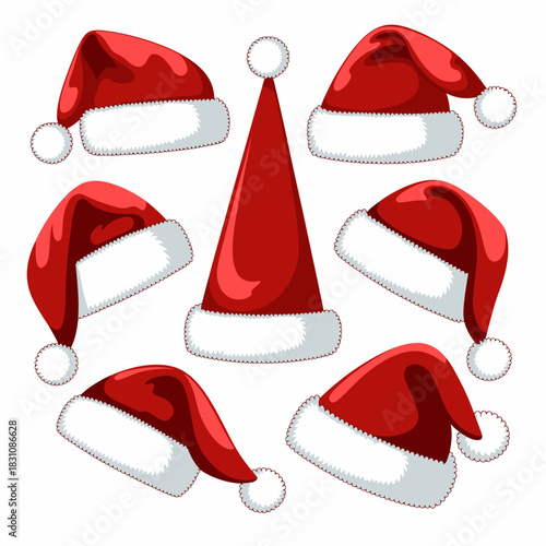 Red Santa Hat Vector with Fluffy White Trim