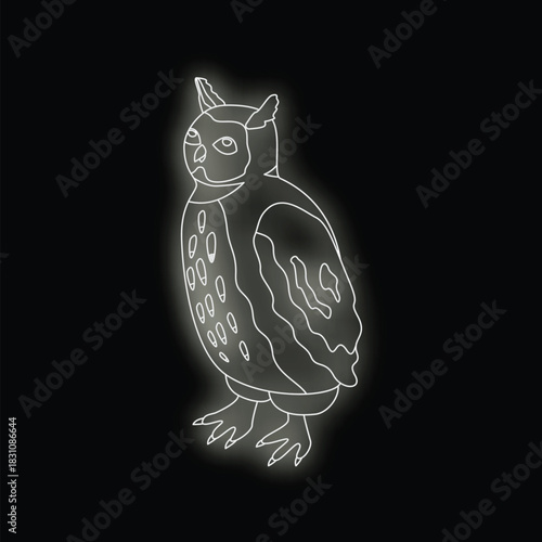 Neon sign featuring a majestic owl standing, glowing on a black background