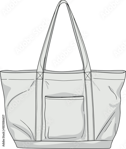 Tote, bag, vector, illustration, sketch, outline, fashion, gear, durable, ergonomic, structured, silhouette, layout, equipment, design, protection, accessory, handle, pocket, fabric, stitching