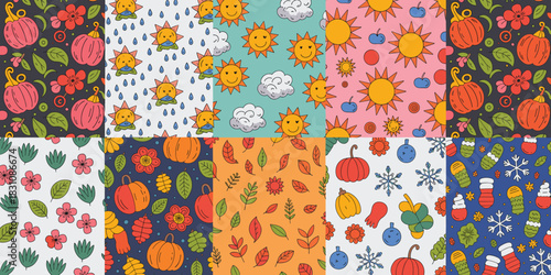 Vibrant seamless four seasons pattern collection featuring weather and nature motifs; hand-drawn doodle illustration set with happy suns, summer clouds, falling rain, blossoming flowers, autumn leaves