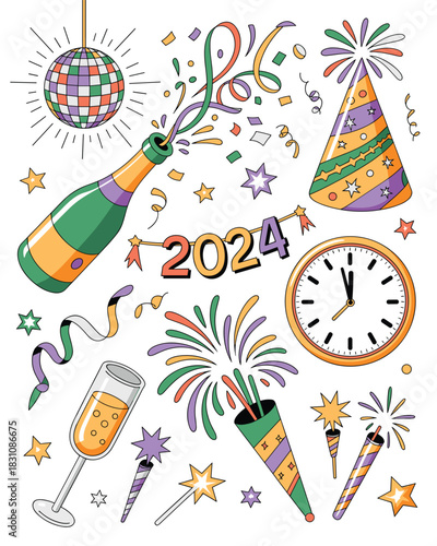A vibrant vector illustration set for 2024 New Year celebrations, showcasing festive holiday party essentials like a clock countdown to midnight, champagne explosion, colorful confetti, disco ball, st