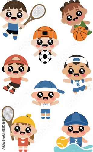 Energetic diverse group of cute kawaii cartoon kids playing competitive sports, including tennis, soccer, basketball, and water polo, featuring rackets, balls, and athletic gear; cheerful vector illus