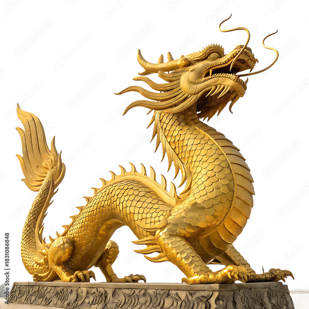 Obraz premium A golden chinese dragon statue with intricate scales and a majestic pose against a dark background