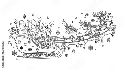 Holiday Season's Whimsical Journey: Santa's reindeer-pulled sleigh soars through the snowy night sky, laden with gifts and cheer. Adorable elves and holiday cheer and joy.