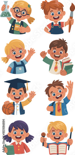 Happy group of diverse boys and girls school students characters promoting education and enthusiastic learning activities including science, art, sports, and reading, presented as a seamless colorful