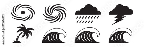 Black and white vector icons depicting various natural disasters including storms and large waves imagery