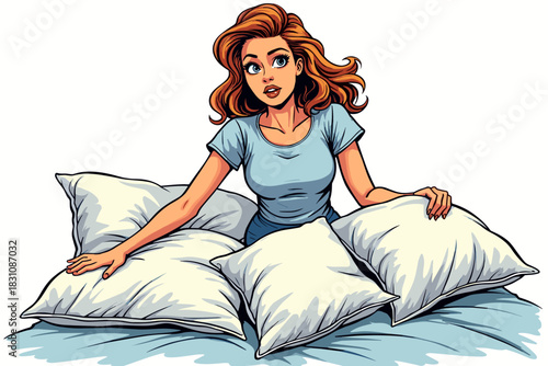 Woman with a surprised expression replacing pillow covers on a cozy bed with many pillows