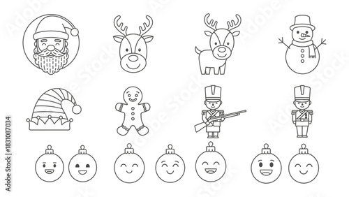 Holiday Cheer: Festive illustrations featuring Santa Claus, reindeer, snowman, and various ornaments. Each icon captures the essence of winter holiday joy and celebration. 