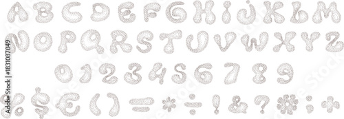 Black stipple dots texture font typographic letters set. 3d blob alphabet, numbers and punctuation marks. Vector isolated elements.