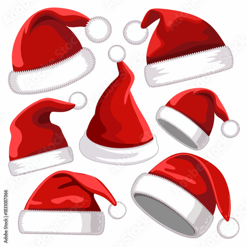 Red Santa Hat Vector with Fluffy White Trim