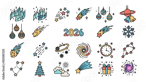 Cosmic Festive Elements for the New Year: A vibrant collection of festive illustrations, blending celestial wonders with holiday motifs.