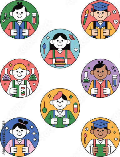 Set of diverse, cheerful young students and professionals depicted in a modern, flat line-art vector illustration style, wearing graduation caps, holding books, surrounded by scientific and artistic i