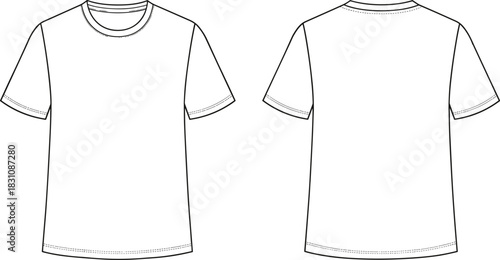 Plain short sleeve t-shirt sketch, front back view, fashion design template, garment illustration, cad drawing flat vector illustration